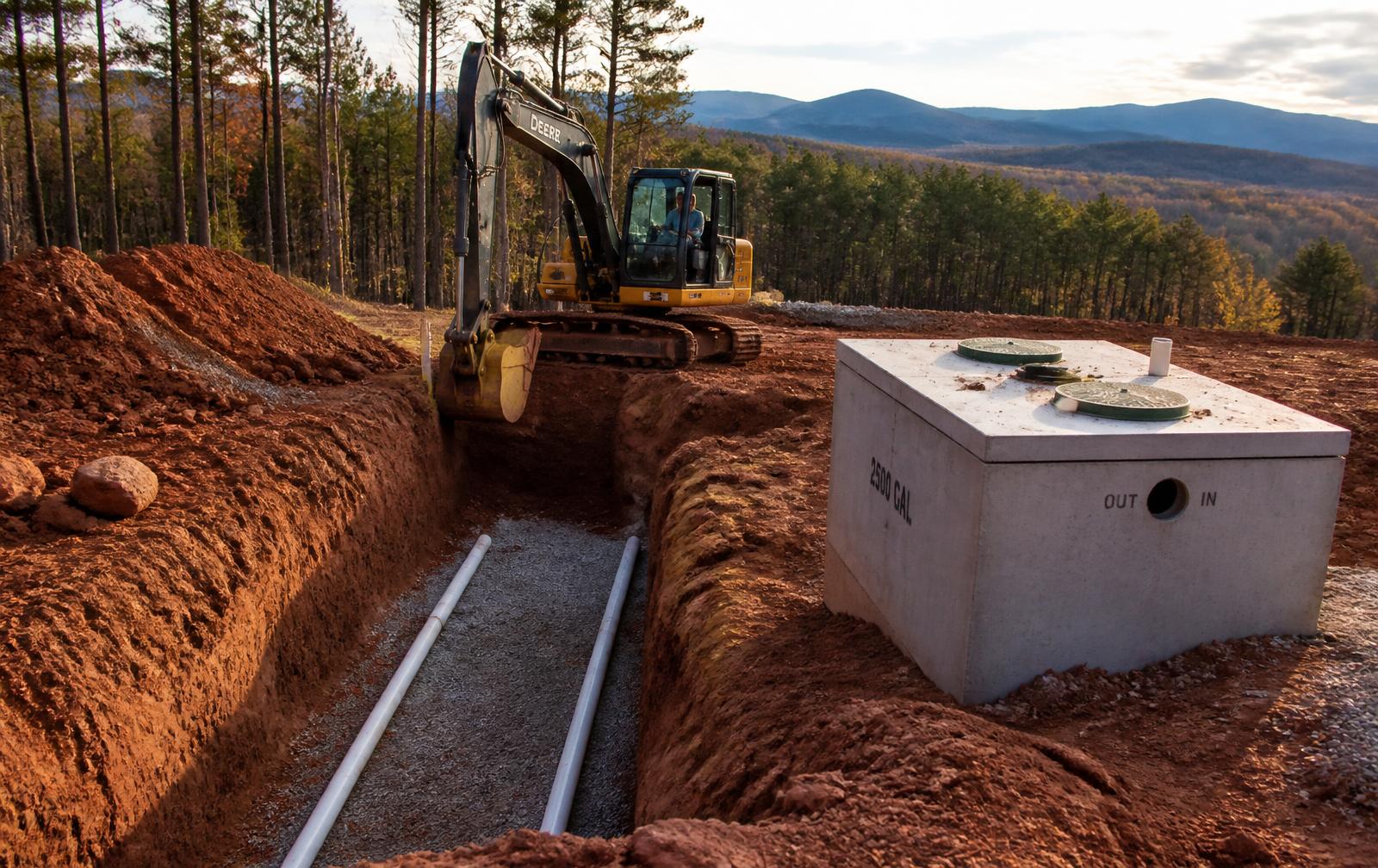 Excavator digging a septic drain field trench beside a new concrete septic tank in the North Carolina mountains
