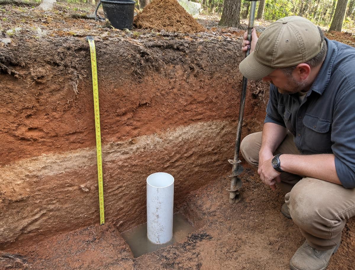 Soil scientist examining soil horizons in a test pit during a percolation test